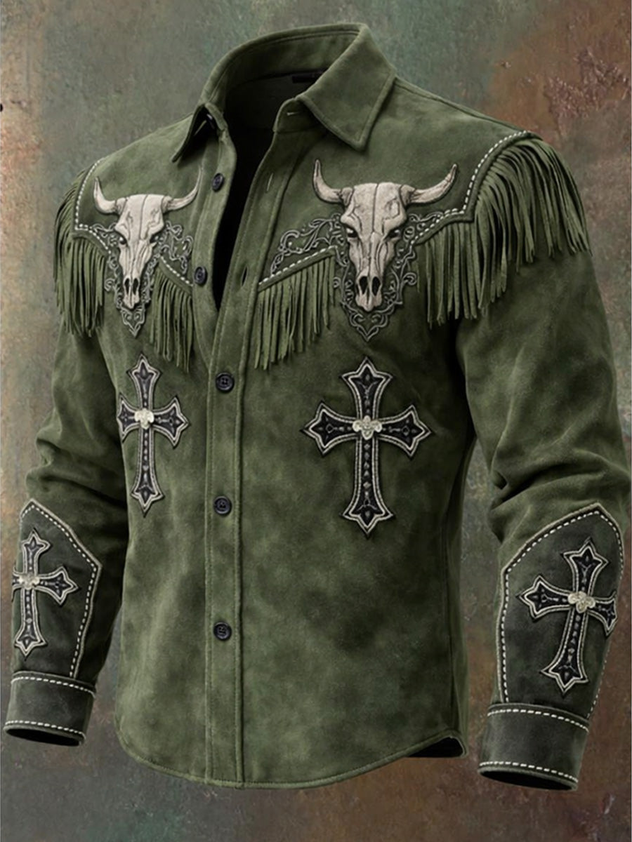 Men's Retro Western Style Art Print Vintage Tassel Casual Long Sleeve Shirt